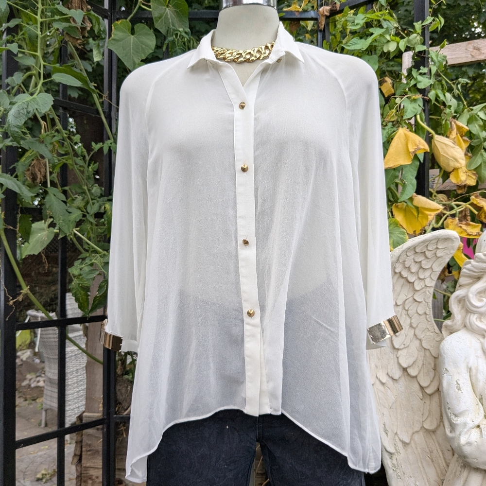 Elegant White Sheer Semi Transparent Blouse Size M